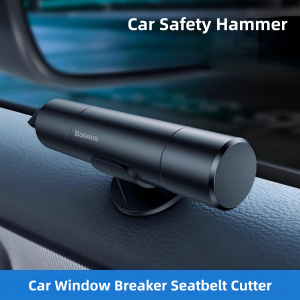 Auto Essential 2-in-1 car safety hammer with spring-loaded window breaker and seatbelt cutter placed on car dashboard