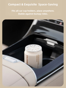 Compact solid car air freshener fits in car cup holder and stays stable on bumpy rides