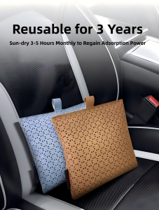 Reusable activated carbon car air purifying bags on car seat back with monthly sun drying instruction
